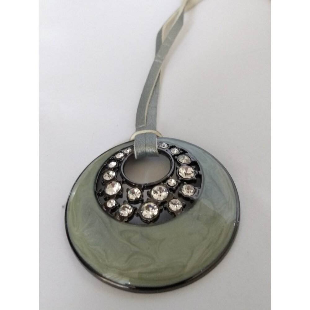 Lia Sophia Enamel polished pendant with crystals - Leather necklace -both signed